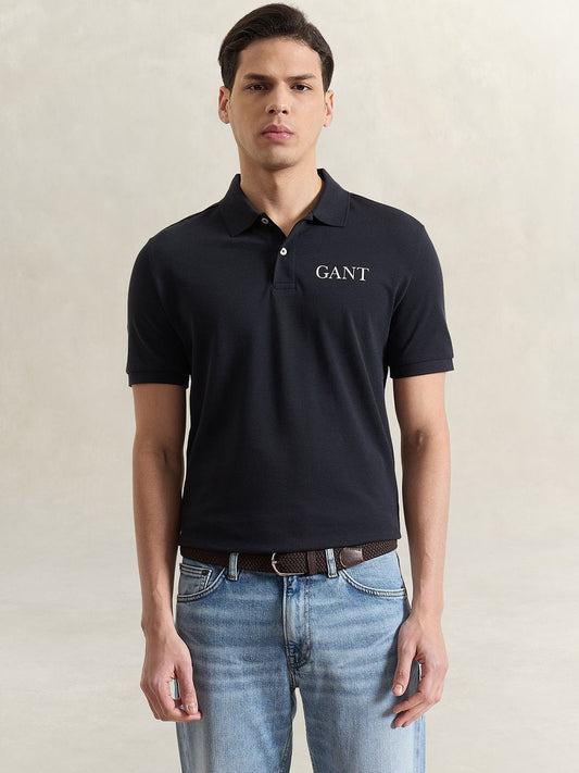 Gant Men Black Solid Regular Fit Pure Cotton Polo T-Shirt