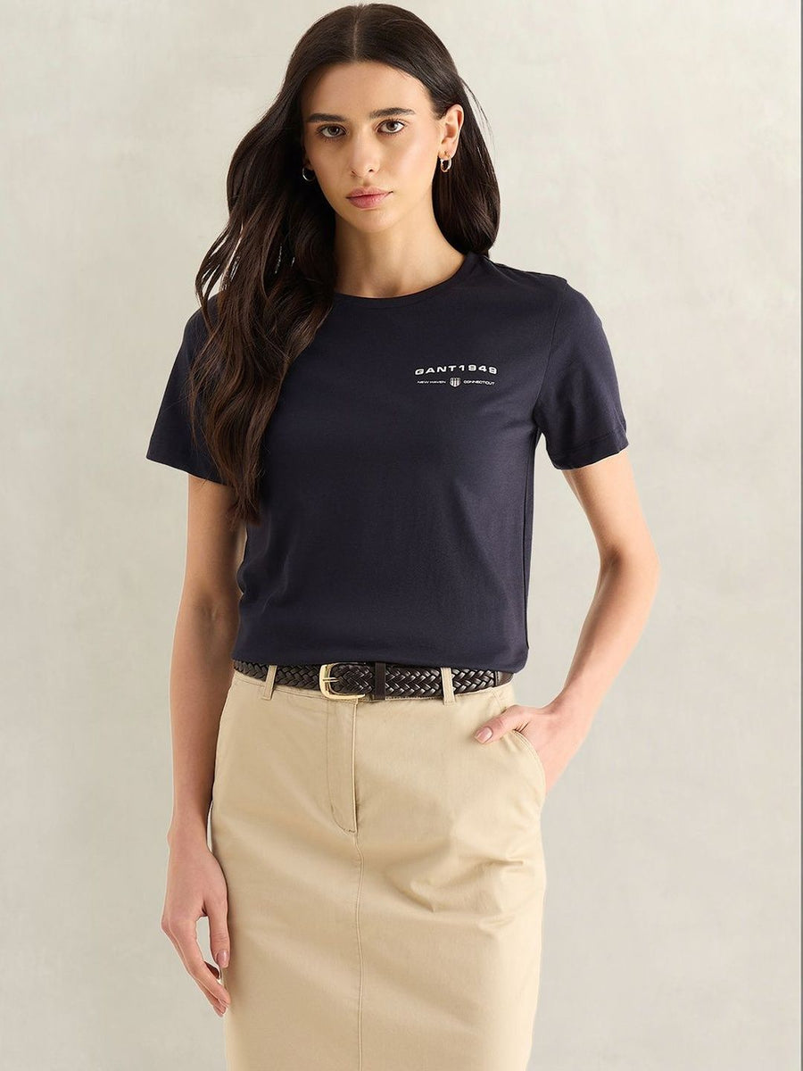 Gant Women Navy Blue Solid Regular Fit Pure Cotton T-Shirt