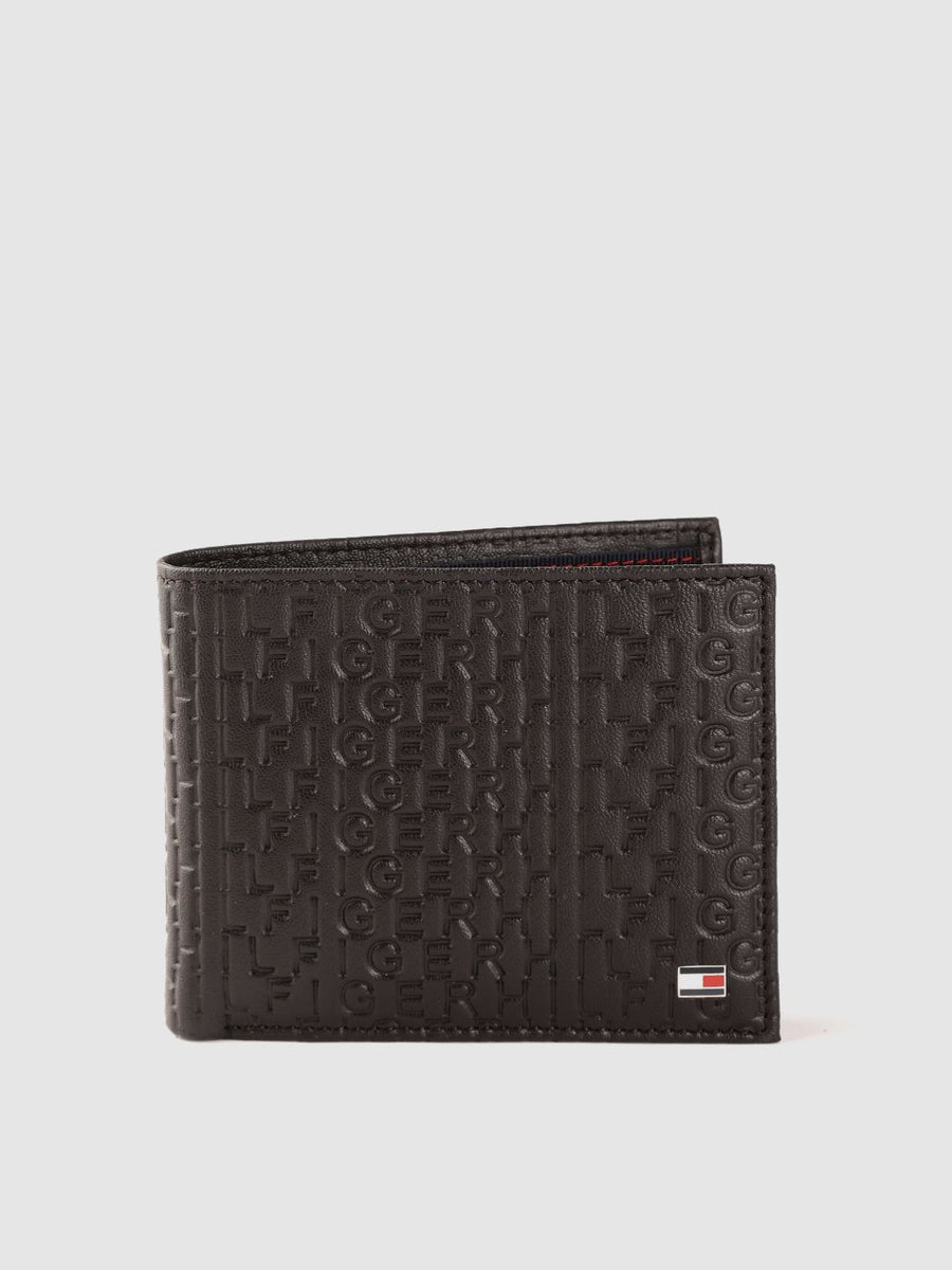 Tommy Hilfiger Men Brown Typography Textured Leather Two Fold Wallet