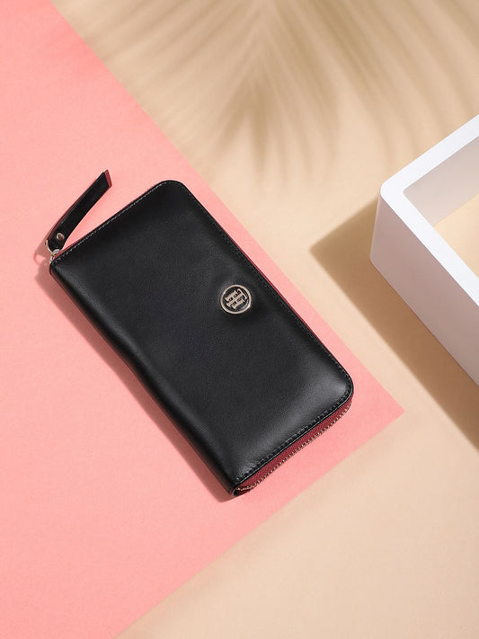 Tommy Hilfiger Women Black & Red Colourblocked Leather Zip Around Wallet