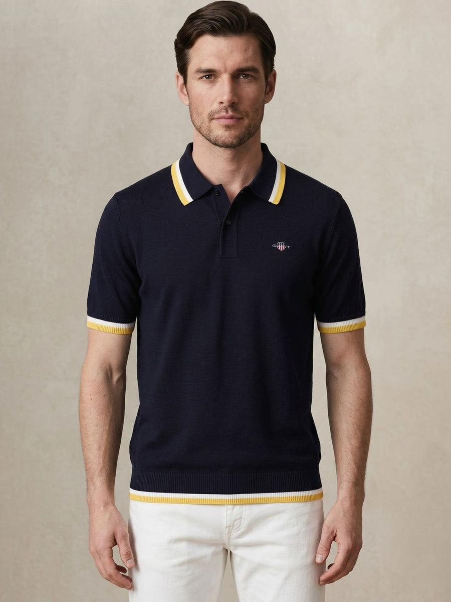 Gant Men Navy Blue Solid Regular Fit Pure Cotton Polo T-Shirt