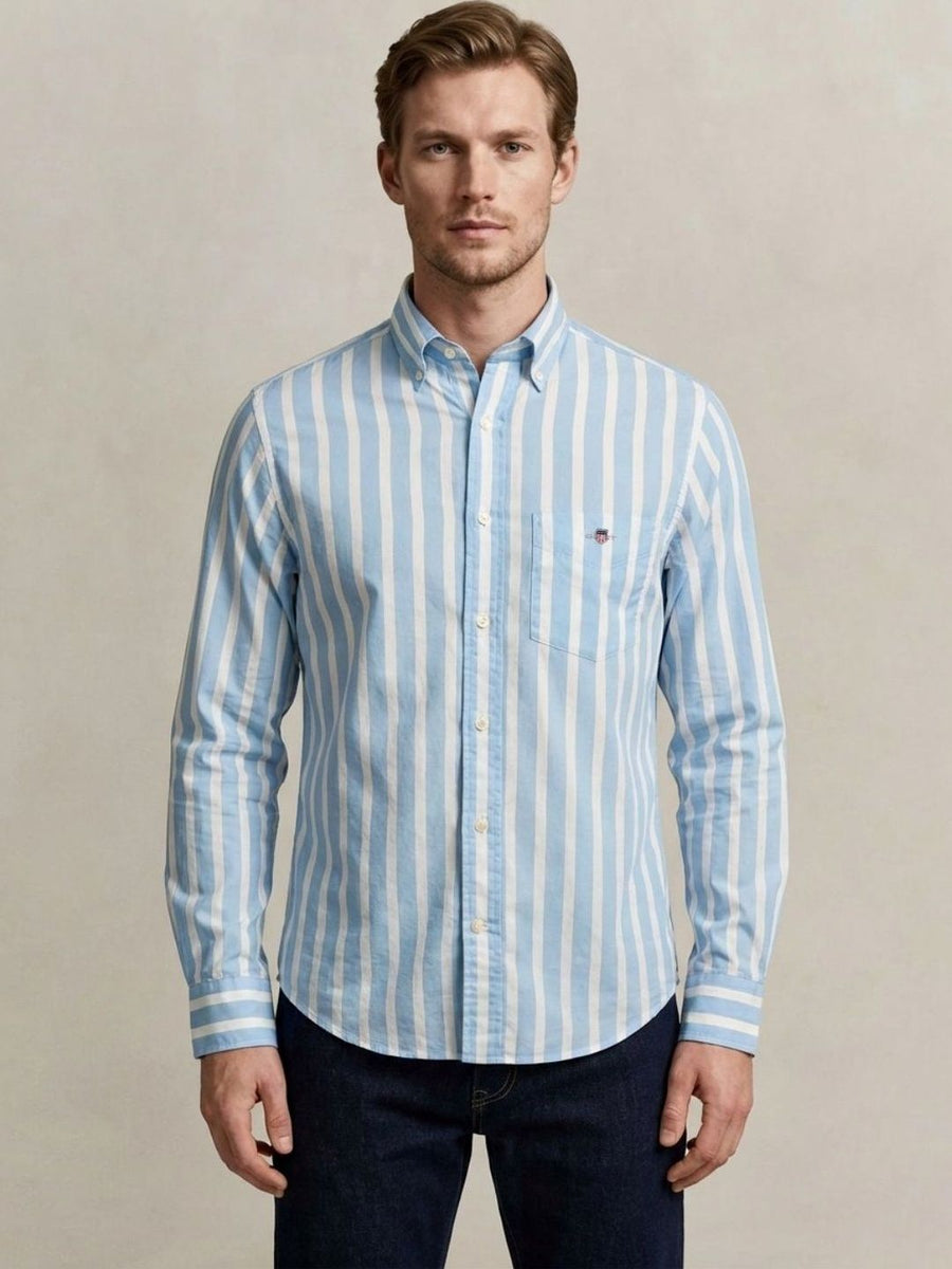 Gant Men Blue Striped Regular Fit Classic Poplin Shirt