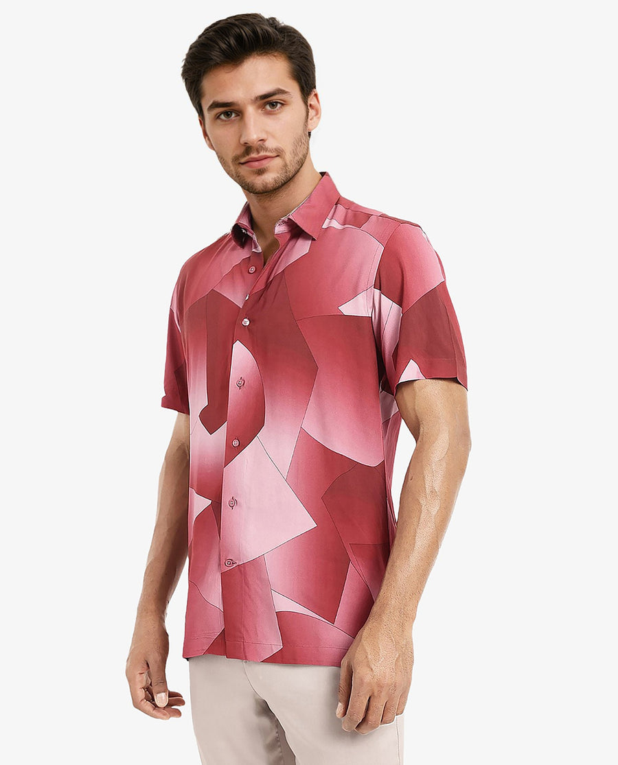 Rare Rabbit Men's Caplet Red Cotton Abstract Print Regular Fit Half Sleeve Collared Shirt