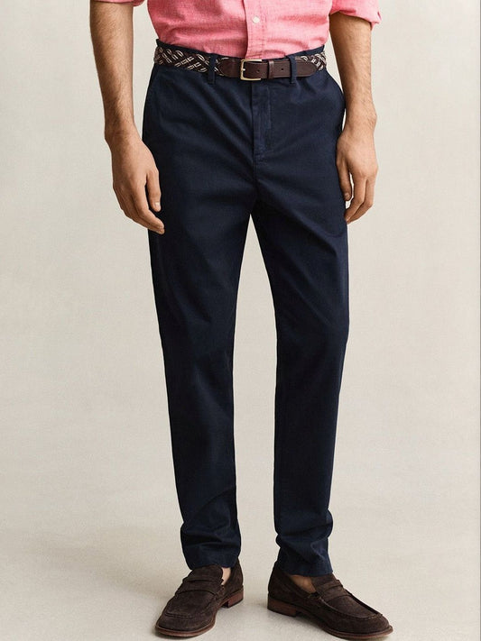 Gant Men Navy Blue Solid Stretchable Slim Fit Trouser