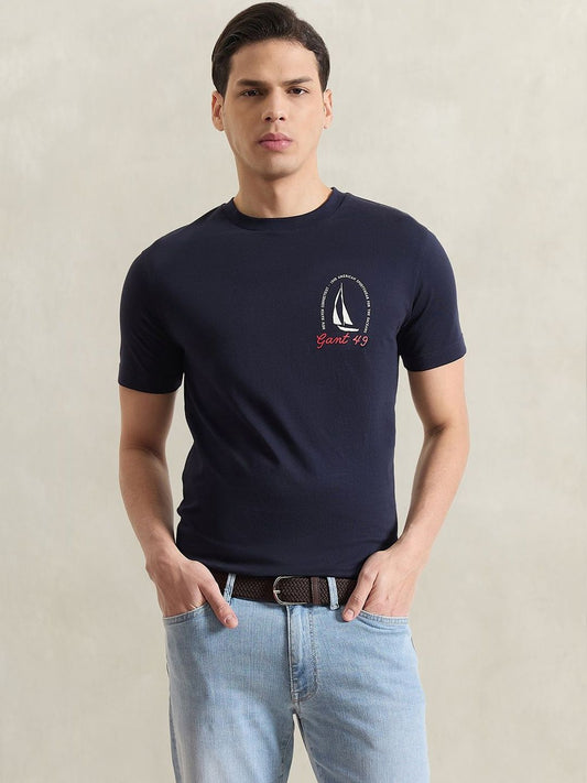 Gant Men Navy Blue Printed Regular Fit Pure Cotton T-Shirt