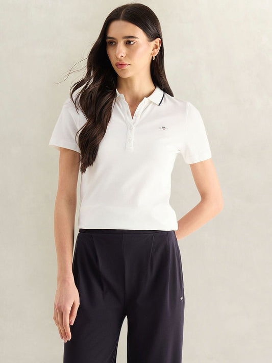 Gant Women White Solid Slim Fit Pique Polo T-Shirt