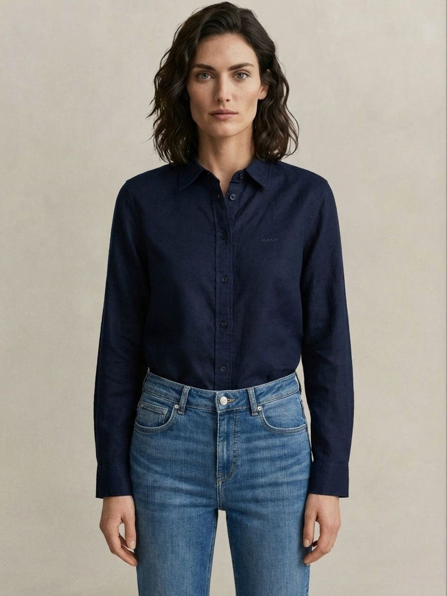 Gant Women Black Solid Regular Fit Pure Linen Shirt