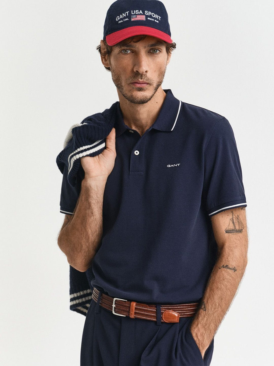 Gant Men Navy Blue Solid Regular Fit Pique Polo T-Shirt