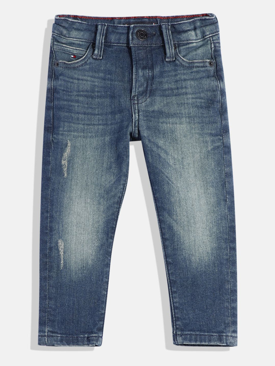 Tommy Hilfiger Boys Straight Fit Mid-Rise Low Distress Heavy Fade Stretchable Jeans