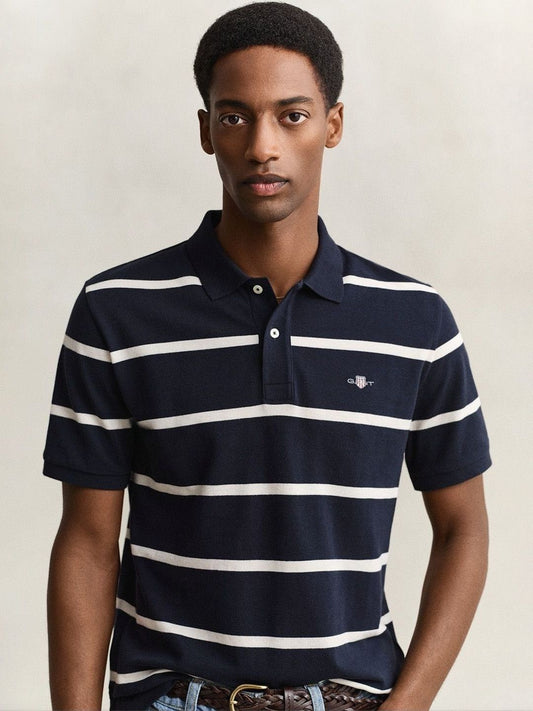 Gant Men Navy Blue Striped Regular Fit Polo T-Shirt