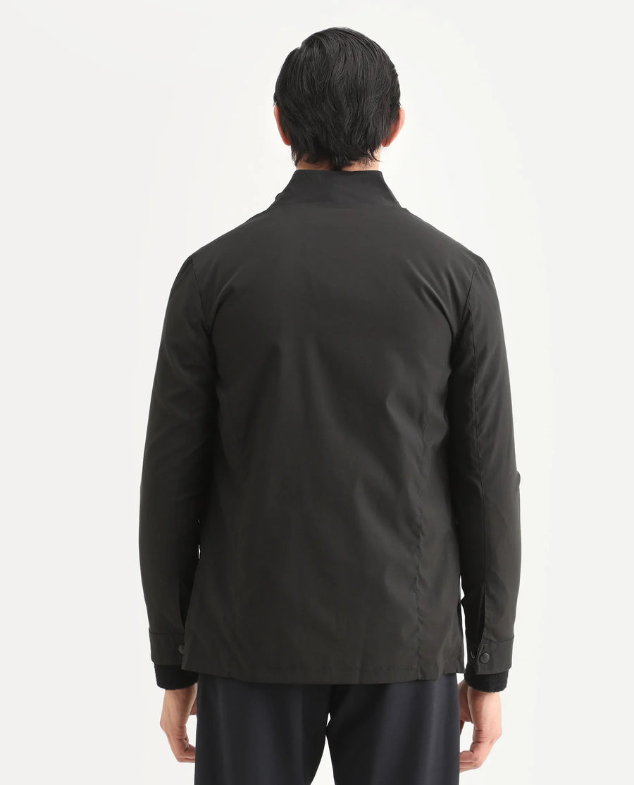 Rare Rabbit Men's Berry Black Polyester Plain Regular Fit Full Sleeve High Neck Jacket