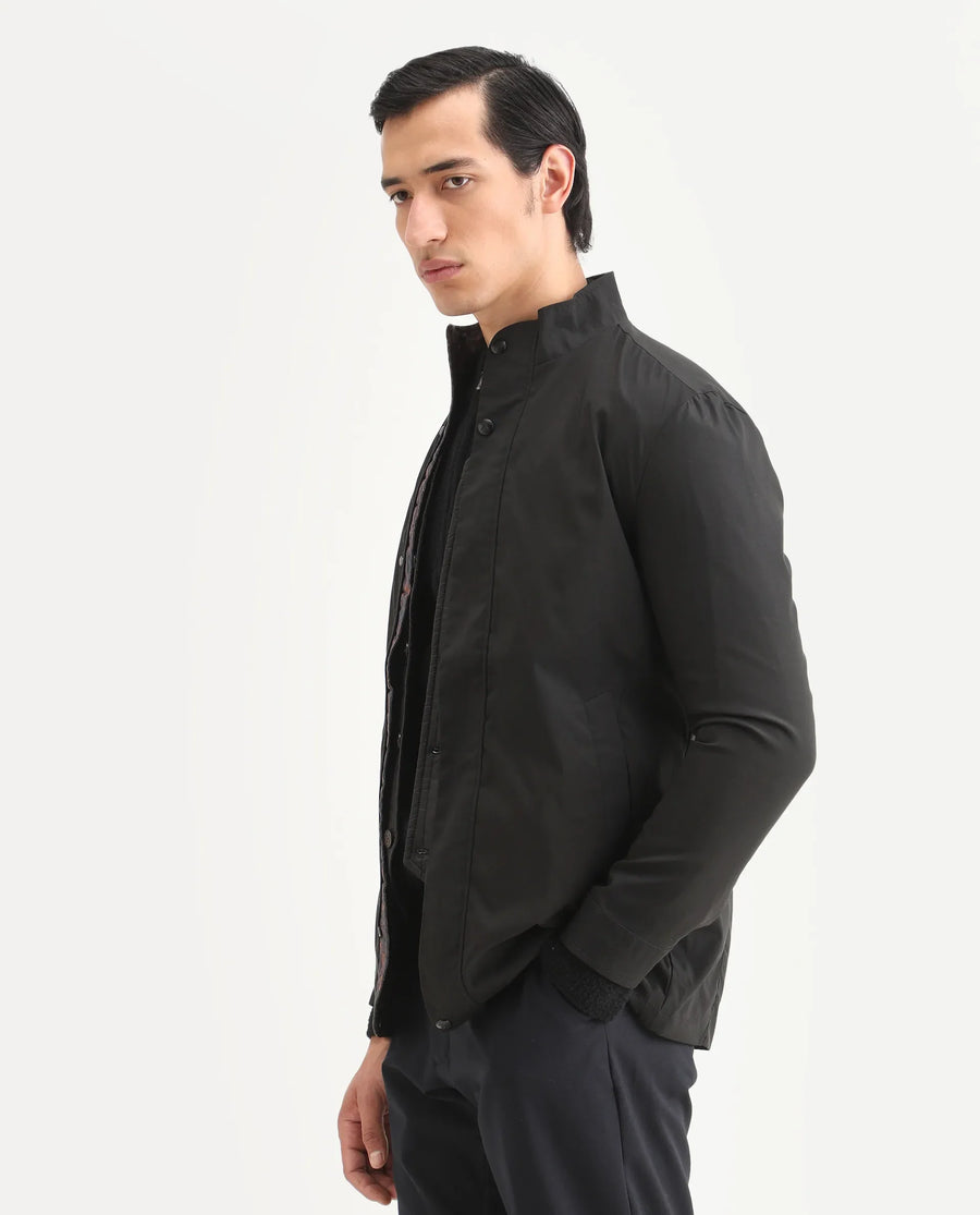 Rare Rabbit Men's Berry Black Polyester Plain Regular Fit Full Sleeve High Neck Jacket