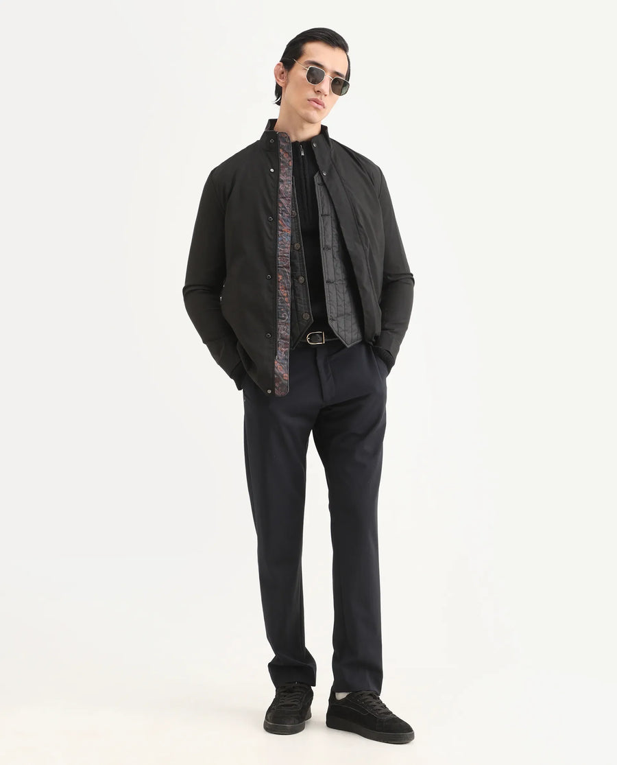 Rare Rabbit Men's Berry Black Polyester Plain Regular Fit Full Sleeve High Neck Jacket