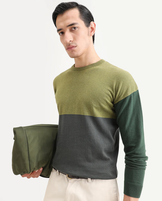 Rare Rabbit Men's Tanko Green Cotton Ombre Relaxed Fit Full Sleeve Crew Neck Sweater