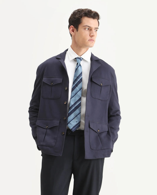 Rare Rabbit Men's Voyage Navy Rayon Plain Tailored Fit Full Sleeve Lapel Neck Blazer