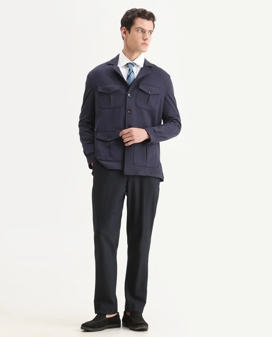 Rare Rabbit Men's Voyage Navy Rayon Plain Tailored Fit Full Sleeve Lapel Neck Blazer