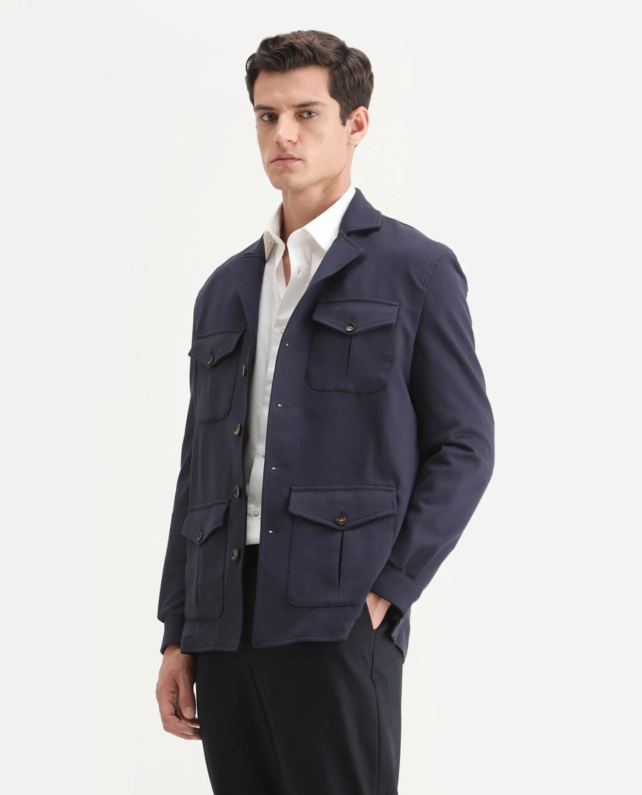 Rare Rabbit Men's Voyage Navy Rayon Plain Tailored Fit Full Sleeve Lapel Neck Blazer
