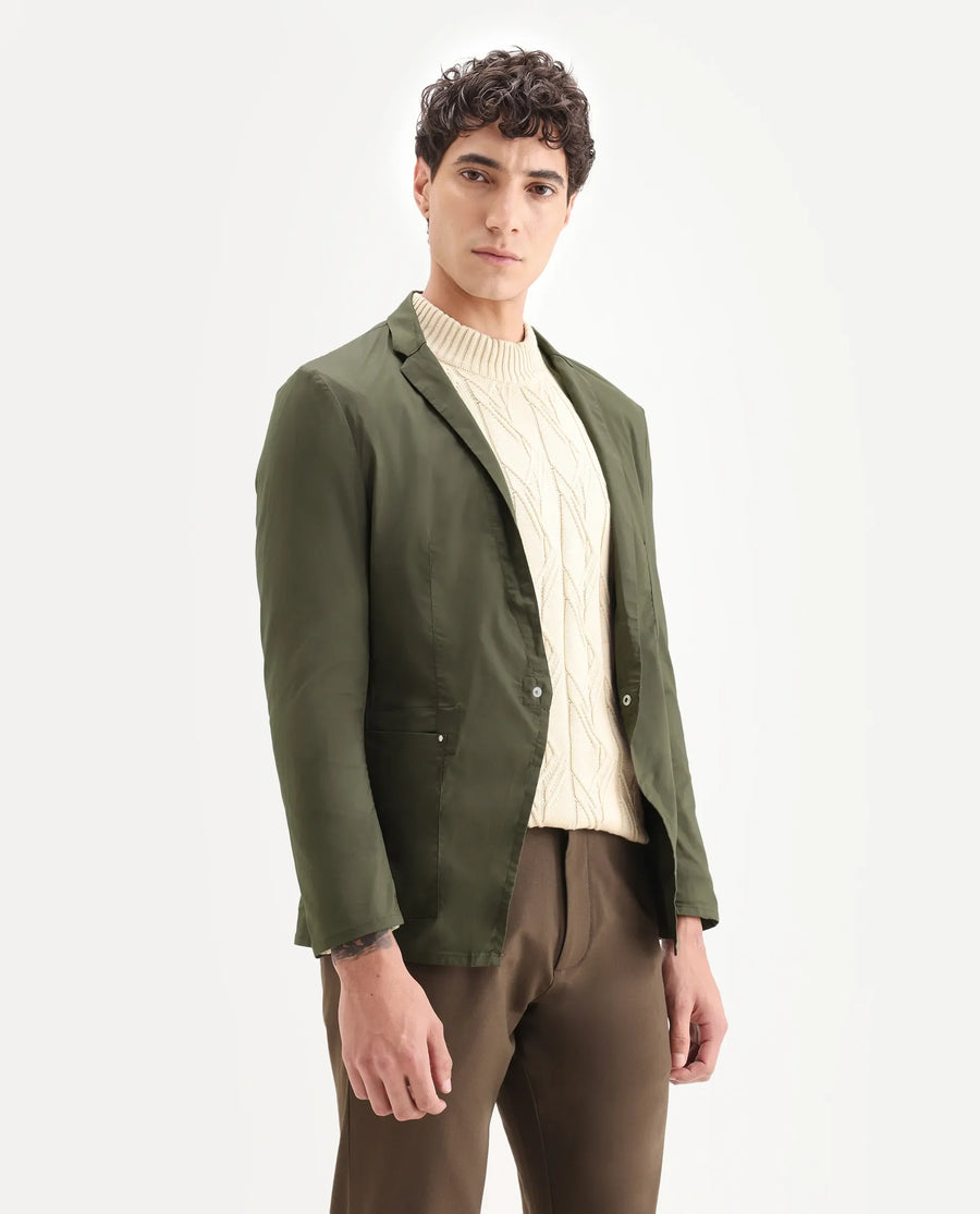 Rare Rabbit Men's Glaze Olive Viscose Plain Regular Fit Full Sleeve Lapel Neck Jacket