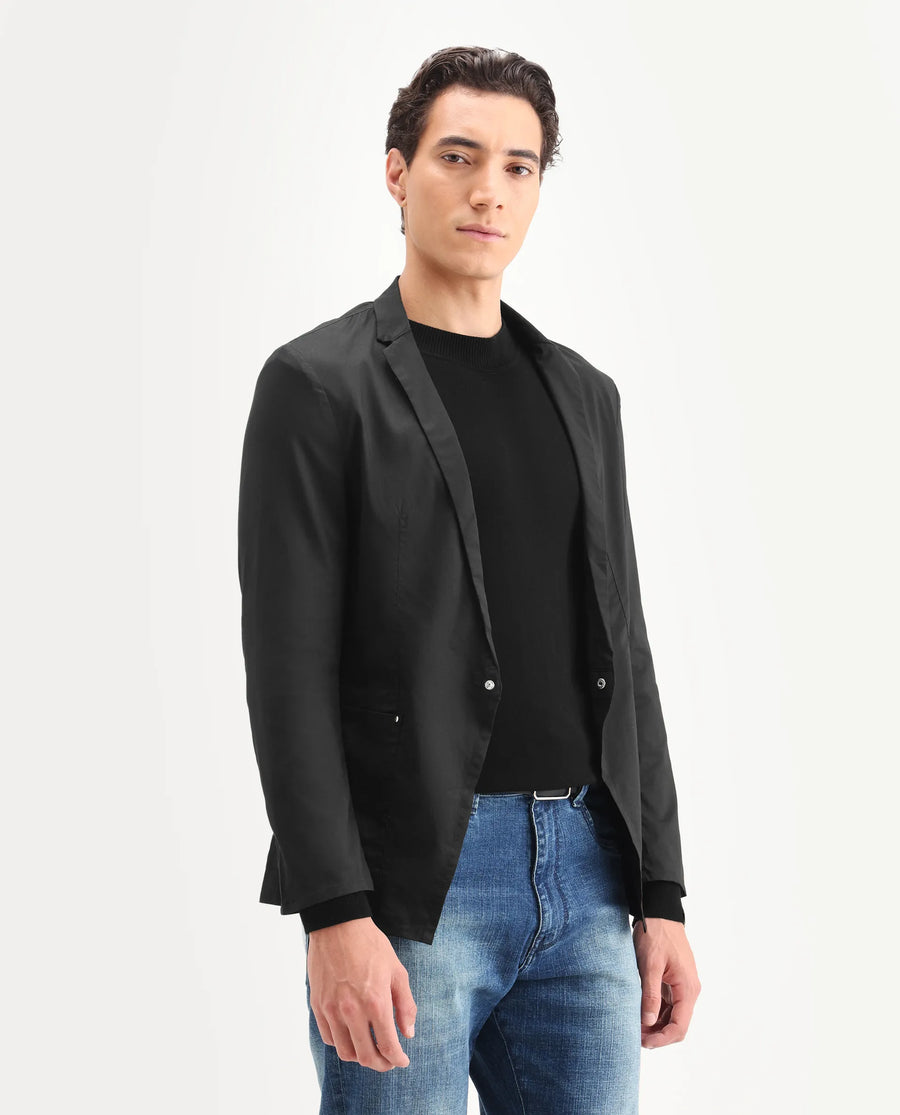 Rare Rabbit Men's Glaze Black Viscose Plain Regular Fit Full Sleeve Lapel Neck Jacket