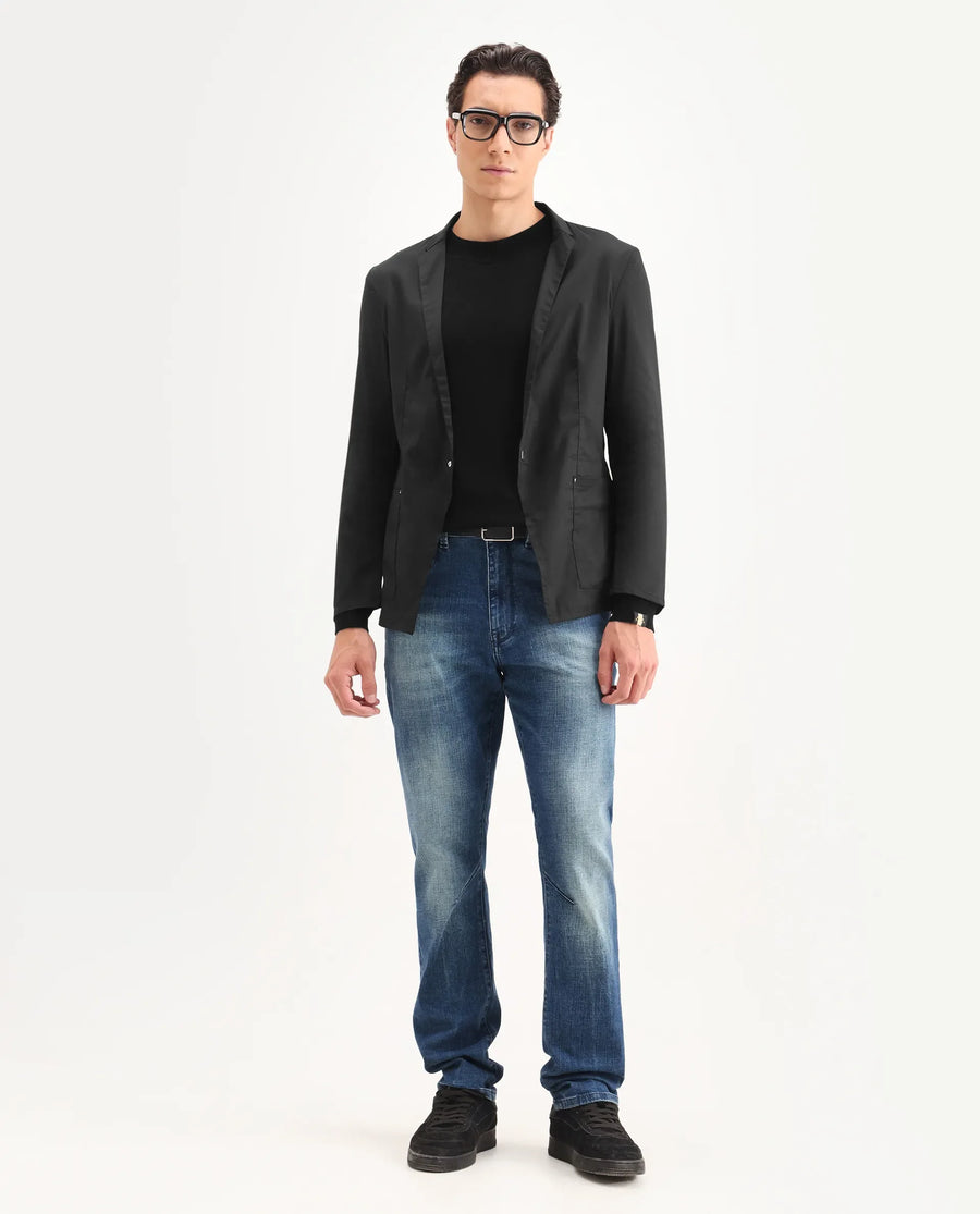 Rare Rabbit Men's Glaze Black Viscose Plain Regular Fit Full Sleeve Lapel Neck Jacket