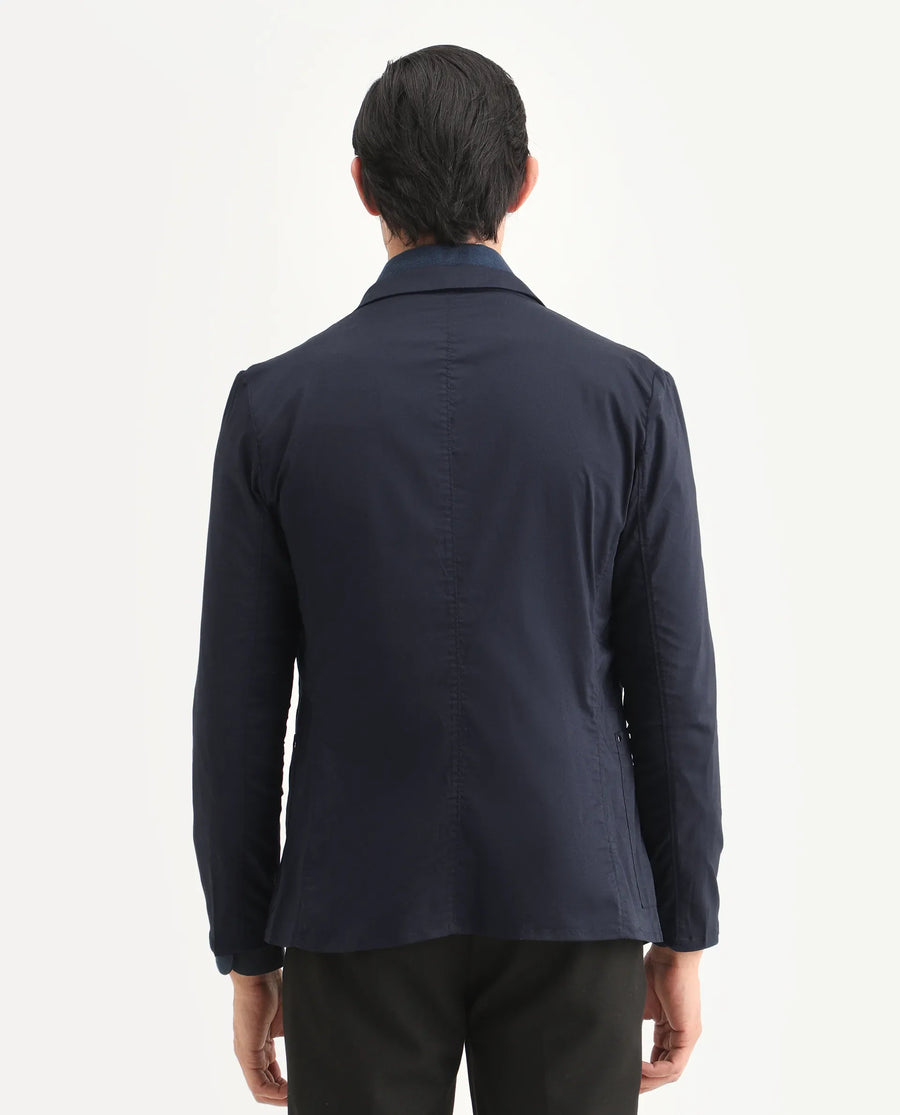 Rare Rabbit Men's Glaze Navy Viscose Plain Regular Fit Full Sleeve Lapel Neck Jacket