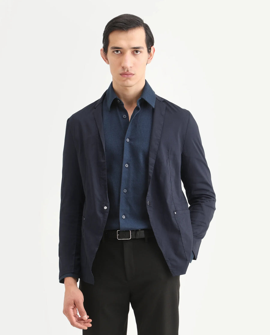 Rare Rabbit Men's Glaze Navy Viscose Plain Regular Fit Full Sleeve Lapel Neck Jacket