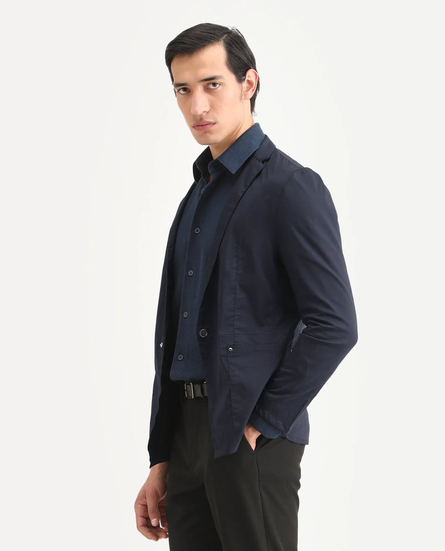Rare Rabbit Men's Glaze Navy Viscose Plain Regular Fit Full Sleeve Lapel Neck Jacket