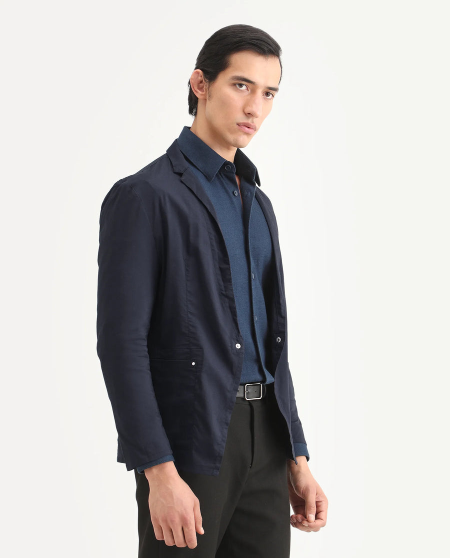 Rare Rabbit Men's Glaze Navy Viscose Plain Regular Fit Full Sleeve Lapel Neck Jacket