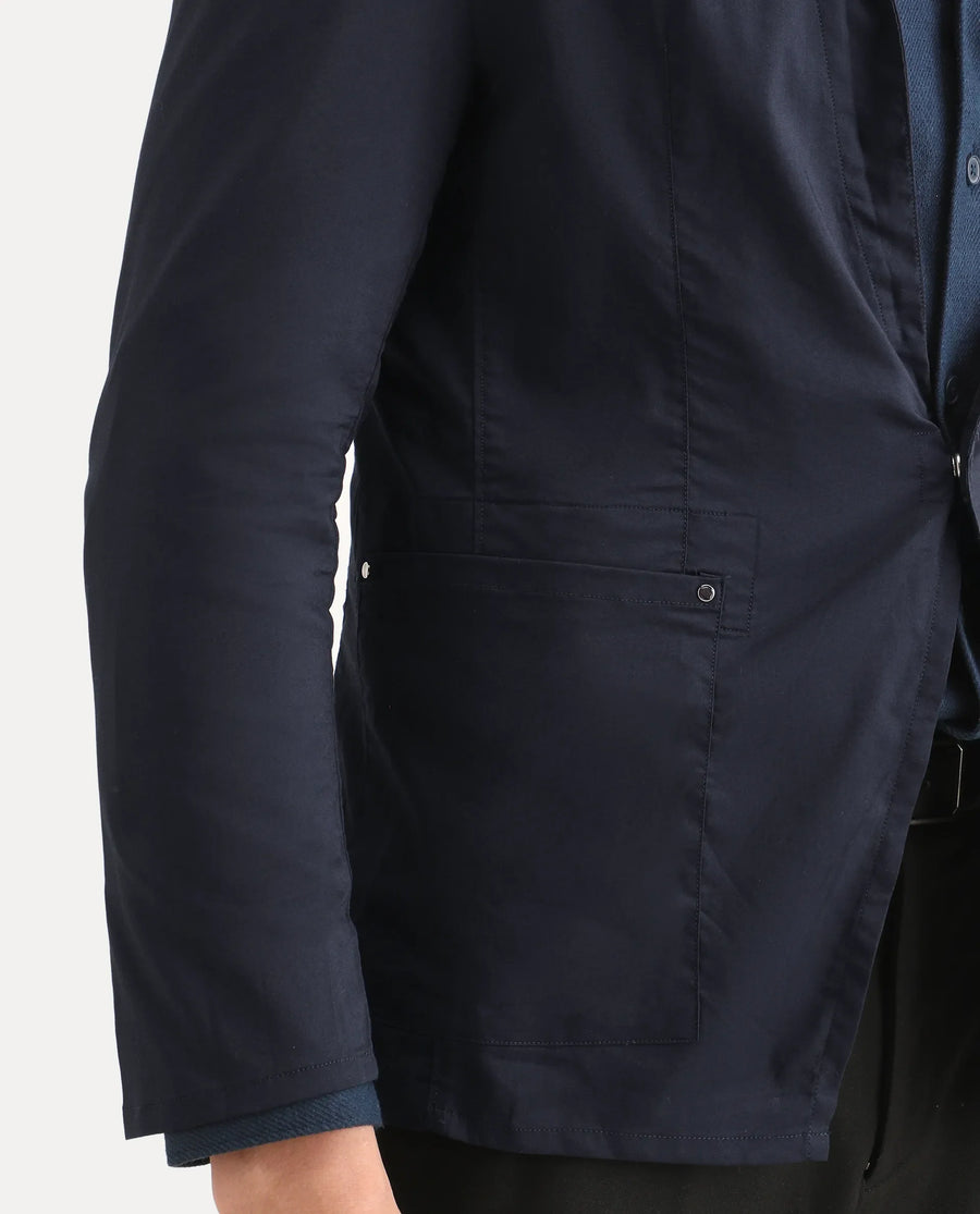 Rare Rabbit Men's Glaze Navy Viscose Plain Regular Fit Full Sleeve Lapel Neck Jacket