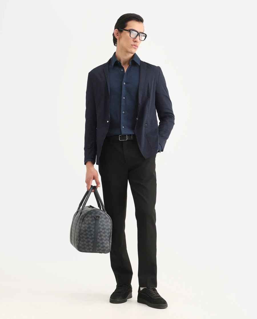 Rare Rabbit Men's Glaze Navy Viscose Plain Regular Fit Full Sleeve Lapel Neck Jacket