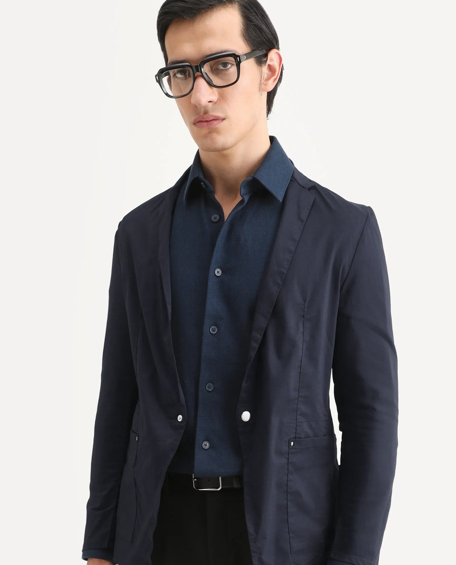 Rare Rabbit Men's Glaze Navy Viscose Plain Regular Fit Full Sleeve Lapel Neck Jacket