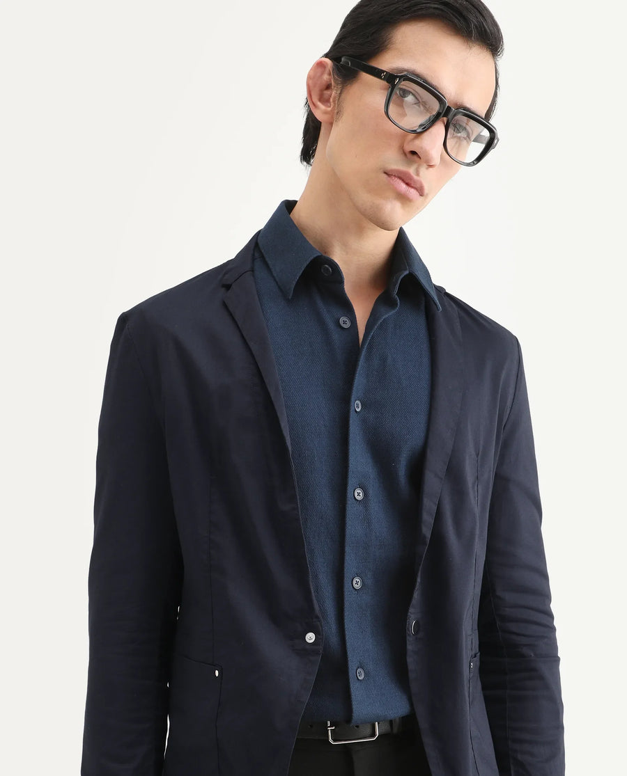 Rare Rabbit Men's Glaze Navy Viscose Plain Regular Fit Full Sleeve Lapel Neck Jacket