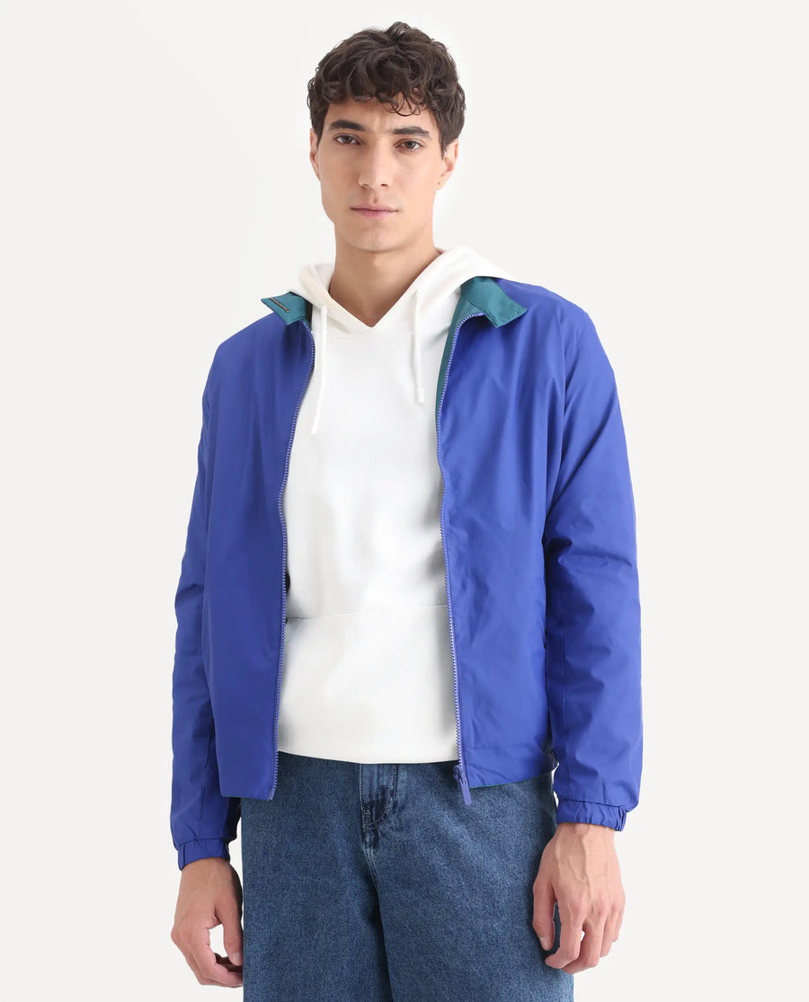 Rare Rabbit Men's Adol Petrol Polyester Plain Regular Fit Full Sleeve Mandarin Collar Jacket