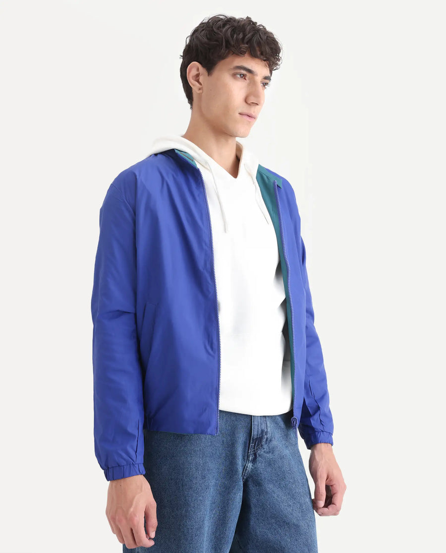 Rare Rabbit Men's Adol Petrol Polyester Plain Regular Fit Full Sleeve Mandarin Collar Jacket