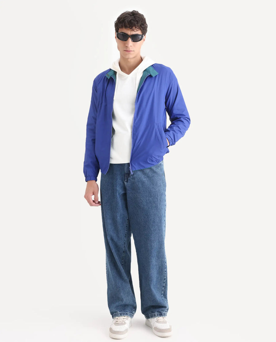 Rare Rabbit Men's Adol Petrol Polyester Plain Regular Fit Full Sleeve Mandarin Collar Jacket