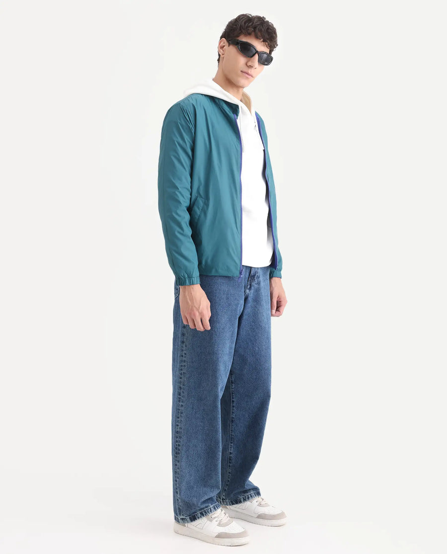 Rare Rabbit Men's Adol Petrol Polyester Plain Regular Fit Full Sleeve Mandarin Collar Jacket
