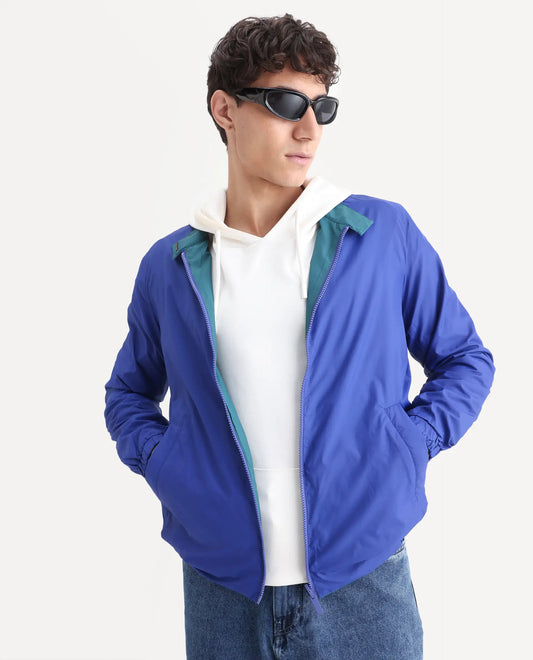 Rare Rabbit Men's Adol Petrol Polyester Plain Regular Fit Full Sleeve Mandarin Collar Jacket