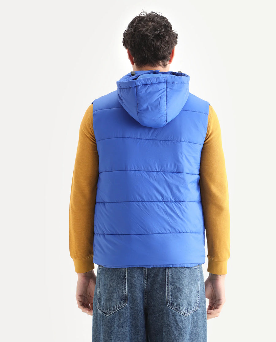 Rare Rabbit Men's Depot Blue Nylon Plain Slim Fit Sleeveless Hooded Jacket