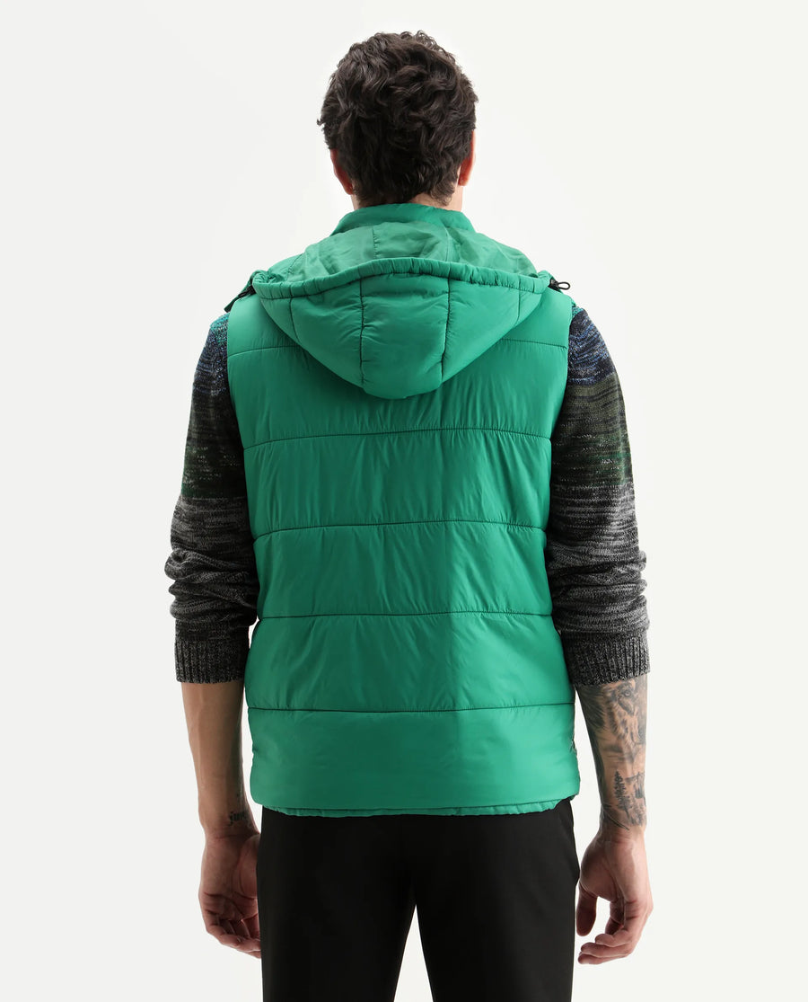 Rare Rabbit Men's Depot Green Nylon Plain Slim Fit Sleeveless Hooded Jacket