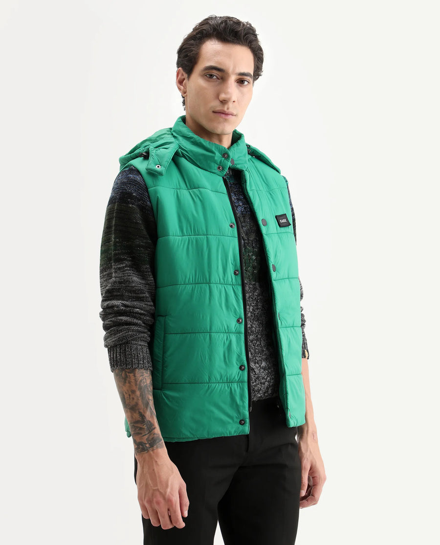 Rare Rabbit Men's Depot Green Nylon Plain Slim Fit Sleeveless Hooded Jacket