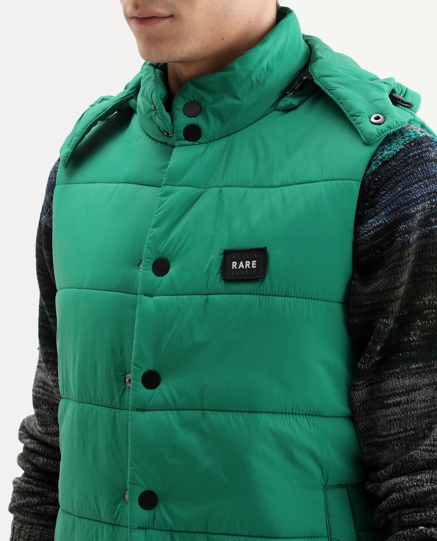 Rare Rabbit Men's Depot Green Nylon Plain Slim Fit Sleeveless Hooded Jacket