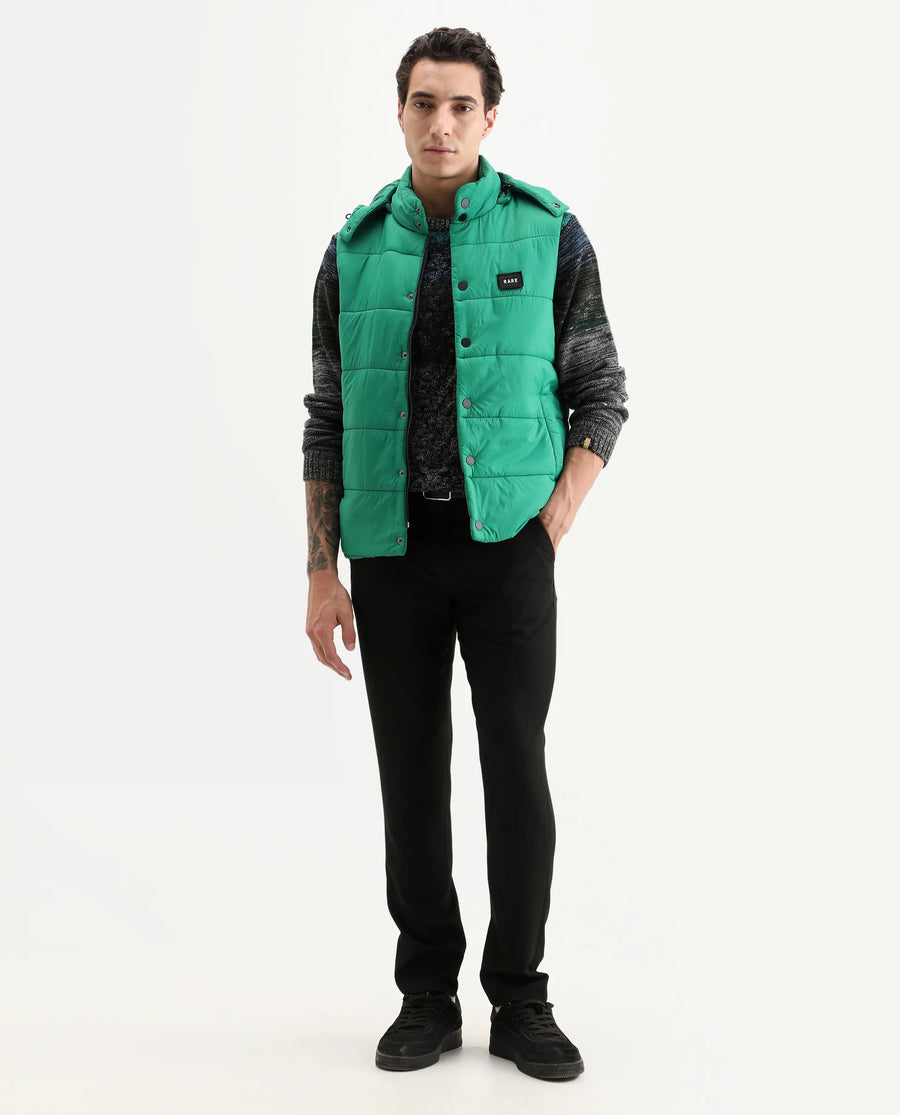 Rare Rabbit Men's Depot Green Nylon Plain Slim Fit Sleeveless Hooded Jacket