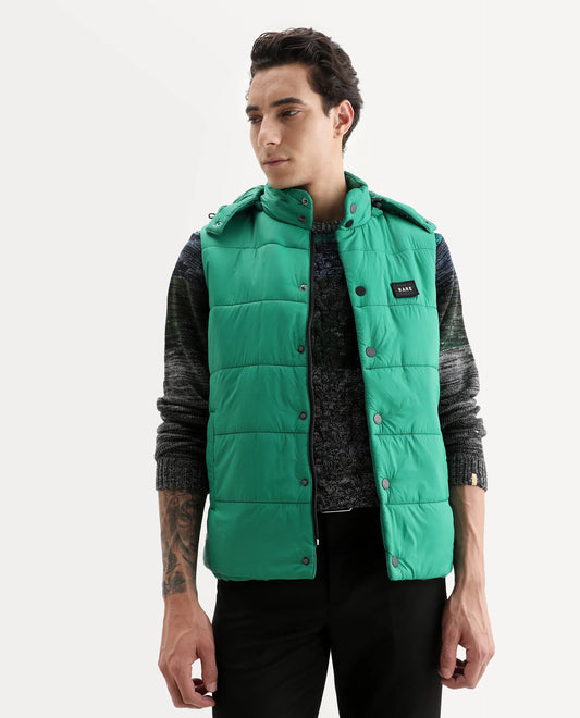Rare Rabbit Men's Depot Green Nylon Plain Slim Fit Sleeveless Hooded Jacket