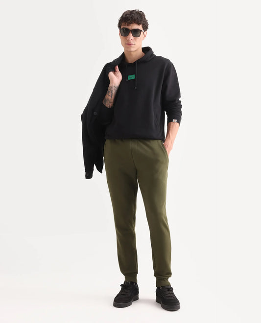 Rare Rabbit Men's Chase Olive Cotton Plain Regular Fit Jogger