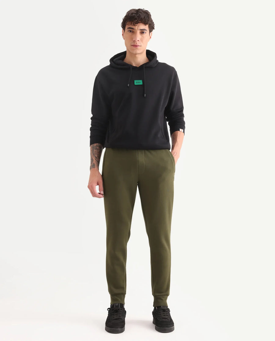 Rare Rabbit Men's Chase Olive Cotton Plain Regular Fit Jogger