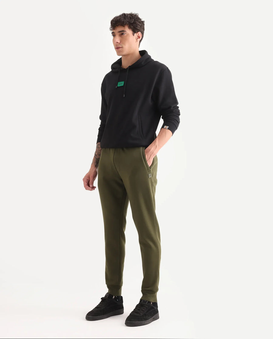 Rare Rabbit Men's Chase Olive Cotton Plain Regular Fit Jogger