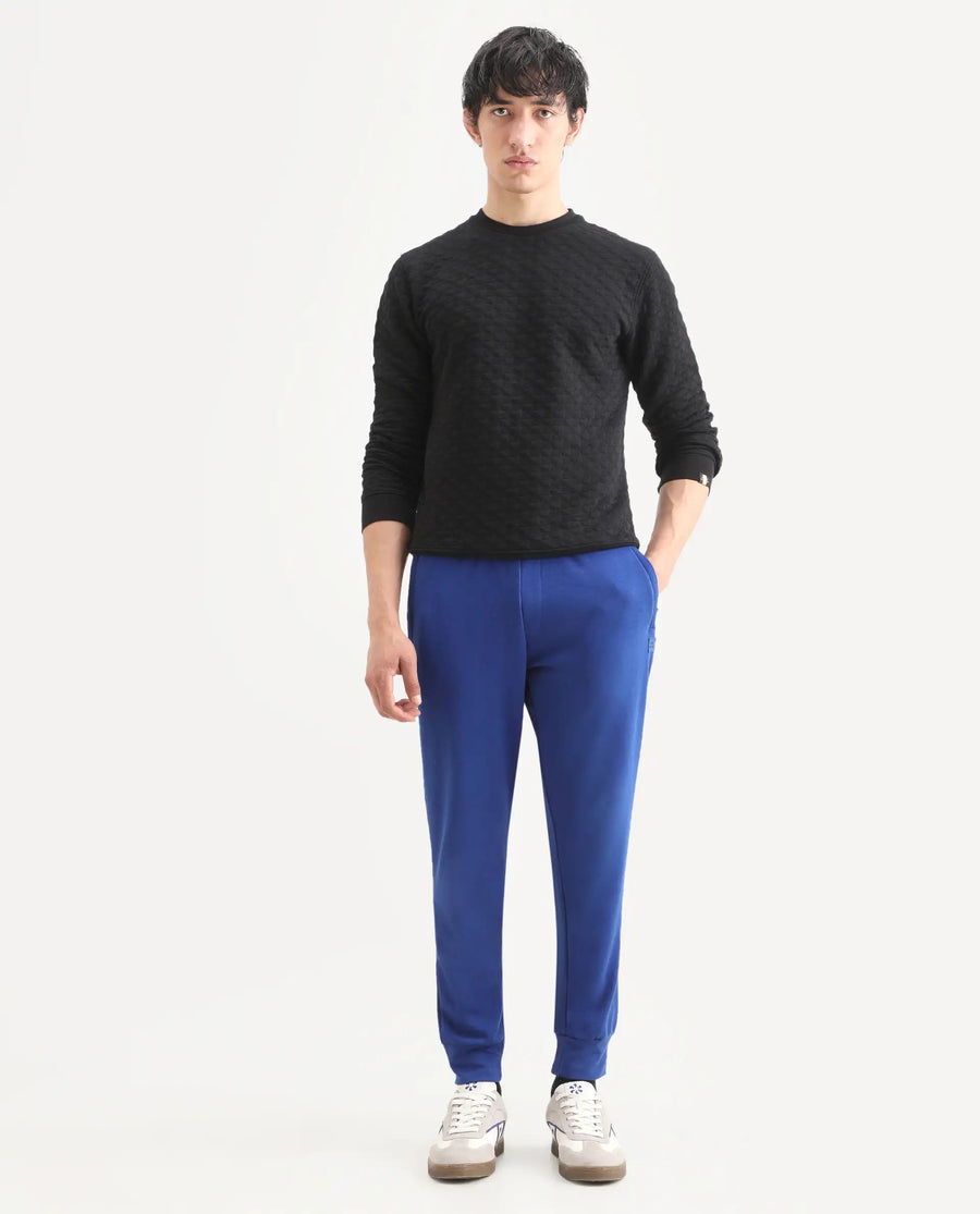 Rare Rabbit Men's Titan Blue Cotton Plain Regular Fit Joggers