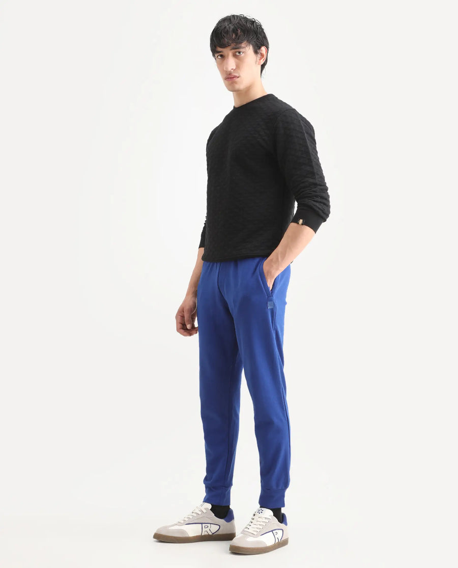 Rare Rabbit Men's Titan Blue Cotton Plain Regular Fit Joggers