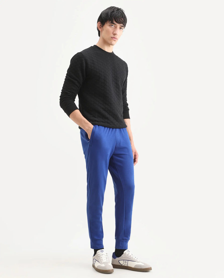 Rare Rabbit Men's Titan Blue Cotton Plain Regular Fit Joggers