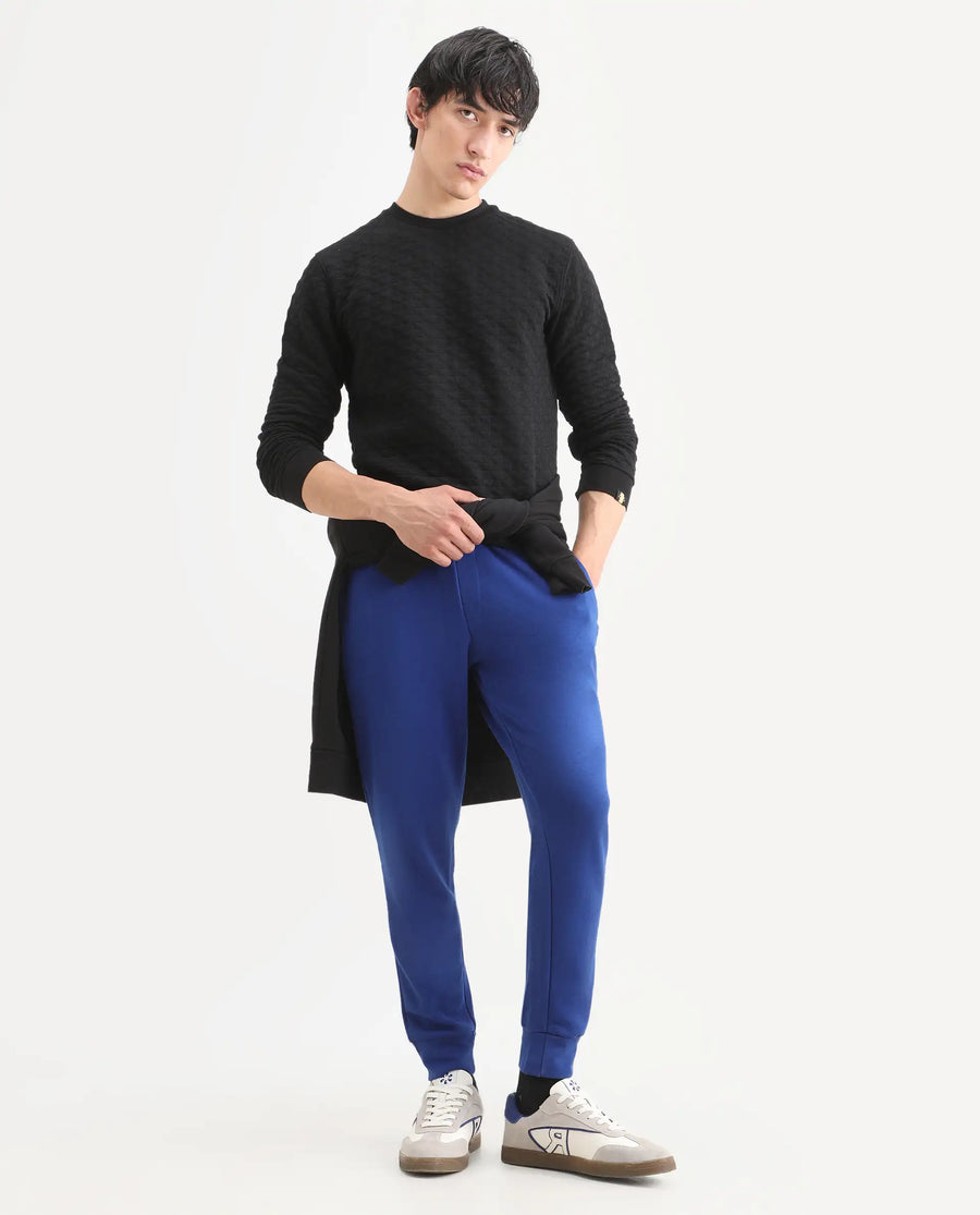 Rare Rabbit Men's Titan Blue Cotton Plain Regular Fit Joggers